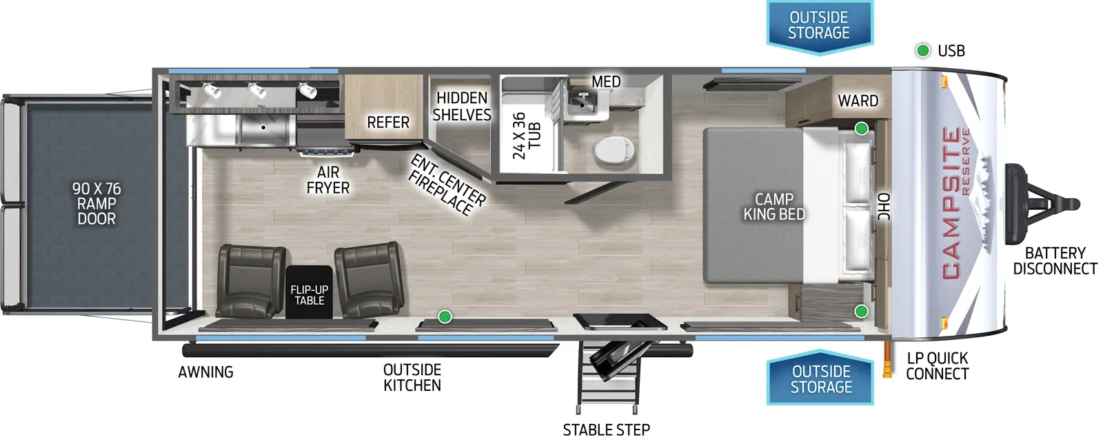 The Campsite Reserve 19KR floorplan is a toy hauler that has one entry and zero slide outs. Exterior features include: metal exterior and outside kitchen. Interiors features include: front bedroom.